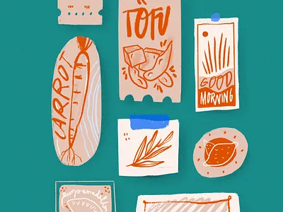 Stickers on the Fridge branding carrot drawing food healthy icon illustration kitchen magnets menu natural playful procreate restaurant rusty stickers texture tofu typography vegetables