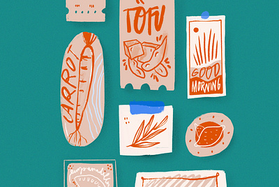 Stickers on the Fridge branding carrot drawing food healthy icon illustration kitchen magnets menu natural playful procreate restaurant rusty stickers texture tofu typography vegetables