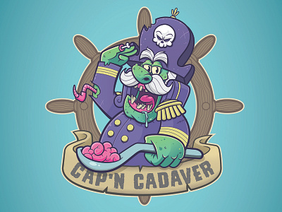 Cap'n Cadaver badge brain breakfast cereal buccaneer captain crunch funny halloween logo nautical pirate shirt skull sticker tee walker walking dead zombie