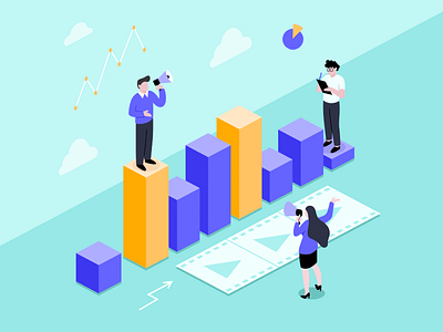 Video Marketing Statistics Illustration article business character colorful design digital flat illustration illustrator infographic isometric marketing purple statistics stay safe strategies turquoise vector