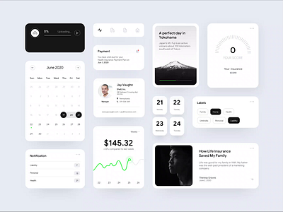 Insurance app UI Components app clean ui component components graphic icon insurance app interaction labels micro interaction mobile app motion planner score ui ui cards uiux upload ux web app