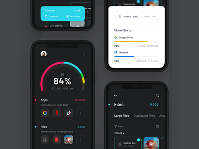 Storage Cleaner Dark app black card chart clean dark dashboard drive dropbox external file management file manager googledrive icloud internal memory night popular storage uiux