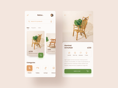 Natur Furniture App Design chair clean design ecommerce app furniture app indonesia lamp minimalistic design mobile nature online shopping palm tree product product designer shelves shopping cart table ui ux uidesigner wooden furniture