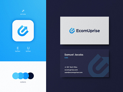 Ecom Uprise - Brand Identity Design arrow brand brand identity branding business card design dropshipping e commerce e commerce shop ecommerce app identity designer letter e lettermark logo design logomark logotype designer negative space online store smart mark typography