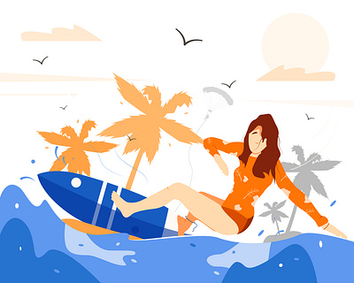 The illustration shows a girl who surfs on the waves athletic beach beautiful blue boys cartoon character cute extreme female fit girl ocean person sport summer surfboard vacation water wave