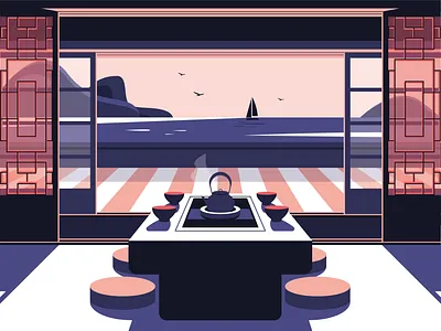 Traditional Japanese house asia blue house interior japan japanese japanese style landscape peaceful pink sailing ship tea tea pot traditional view