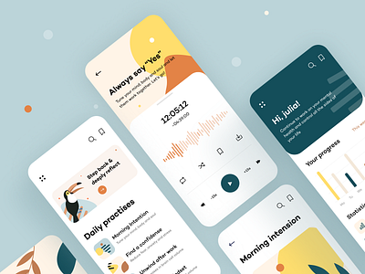 Serenity - Mobile App abstact analysis arounda calm concept digital product figma illustrator ios media meditation mobile app pastel pattern player statistics toucan ui ux