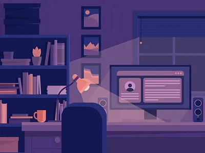 An Illustrator's Desk At Night dark dark mode flat design home office home office at night illustration illustrator minimal colour pallette minimal design minimalist night office illustration purples vector art