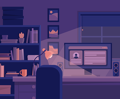 An Illustrator's Desk At Night dark dark mode flat design home office home office at night illustration illustrator minimal colour pallette minimal design minimalist night office illustration purples vector art