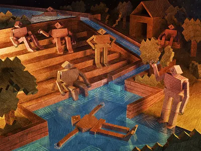 Pool 3d colour depth friends grass illustration night pencil pool sky stars swimming texture trees water