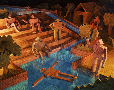 Pool 3d colour depth friends grass illustration night pencil pool sky stars swimming texture trees water