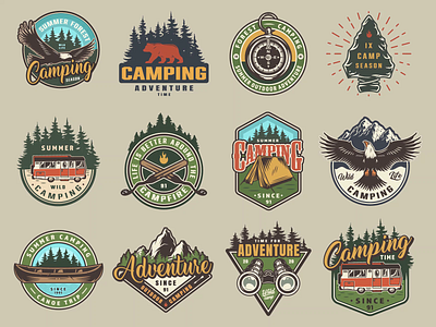 Vintage Camping Badges adobe illustrator apparel apparel design badge badges bear camping color colorful graphic hiking summer summer camp summertime t shirt t shirt design vector vector illustration vintage