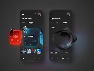 Oculus app concept (dark theme) clean clean ui dark mode games minimal oculus redesign samsung store uidesign uiux vr