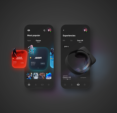 Oculus app concept (dark theme) clean clean ui dark mode games minimal oculus redesign samsung store uidesign uiux vr