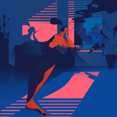 contemplating lady 2d adobe illustrator background cartoon character design city dribbble gradient illustration night room shadow smoking vector window woman woman illustration