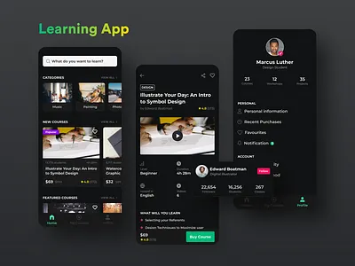 Learning App app app design cards class concept courses dark design detail page interface knowledge lesson mobile app mobile ui student ui