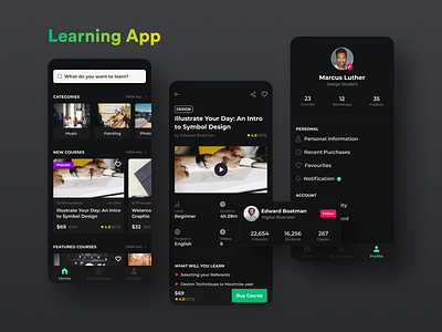 Learning App app app design cards class concept courses dark design detail page interface knowledge lesson mobile app mobile ui student ui