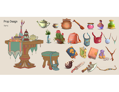 Prop Design - Items books cartoon illustration design digital painting fantasy art game art game dev icons illustration illustration art items potion prop design tools videogame vis dev visual development weapons