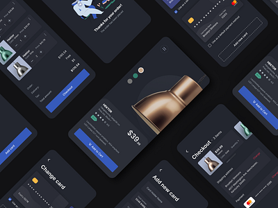 HEKTOR app application application ui branding checkout credit card dark mode design items minimal mobile mobile app night mode order product shipping address shop shopping bag typography ux