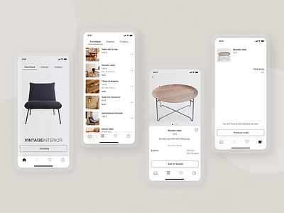 Vintage Interior iOS App animation app concept ecommerce figma furniture app ios minimal mobile ui ux vintage
