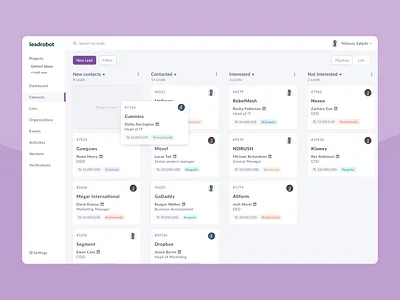 Leadrobot - pipeline minimal modern pipeline sales uiux webapp