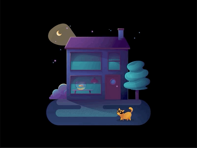 Routines branding cat design goldfish house illustration illustrator night