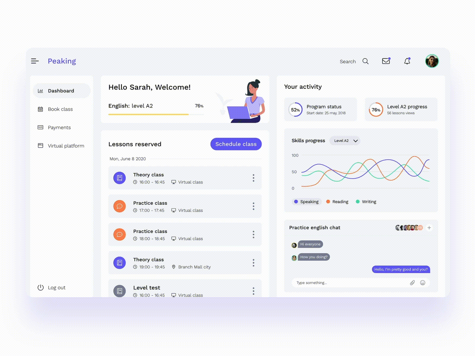 Schedule english class animated branding calendar class dashboad dashboard design design designers english illustration interaction design interface languages schedule typography web