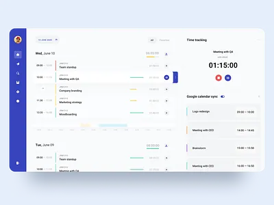 Time Tracker web app blue and white calendar dashboad google google calendar light ui minimalistic organizer side panel slider teamwork time tracker timer toolbar ui web app