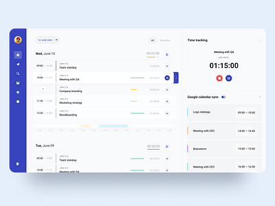 Time Tracker web app blue and white calendar dashboad google google calendar light ui minimalistic organizer side panel slider teamwork time tracker timer toolbar ui web app