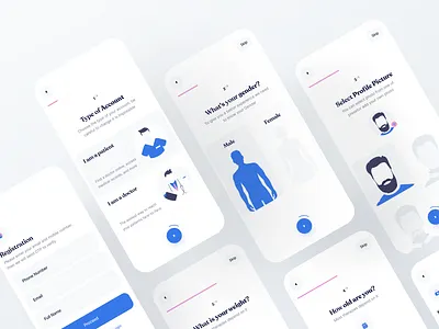 Care Me App Onboarding android app design application avatar clean concept design doctor form health ios login medical minimal onboarding profile creation registration signup ui ux