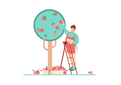 Pick the fruit apple apron art boy character collect design food fresh fruit fruit tree fruitbasket illustration man people pick tree