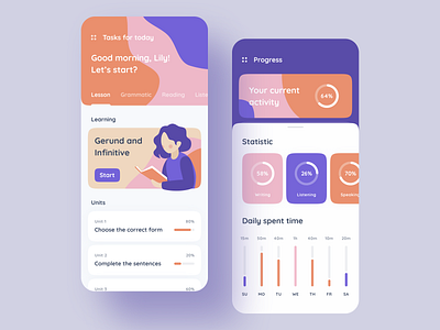 Education Learning App account app card design education graphics home illustraion iphone language learning platform lessons mentalstack mobile product design profile progress school statistics tabs tasks