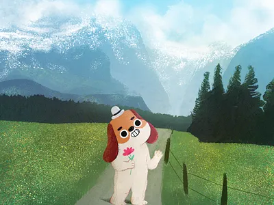 Mountain dream 2d background cartoon cartoon character cartoon illustration character characterdesign cute dog enviroment flowers illustration illustrator mountains procreate