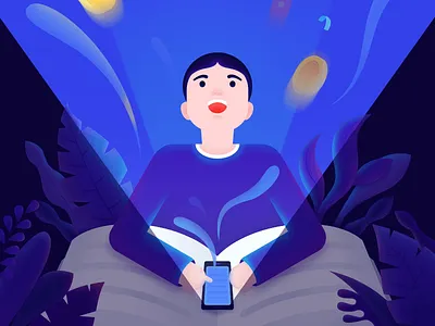 Look Up gold illustration man night phone plant