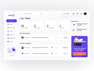 Dashboard StudyGy app design cards clean concept courses dashboard illustration interface learning learning platform minimal reviews tabbar topbar ui ux web