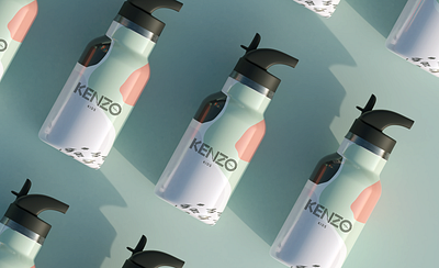 Water bottles for Kenzo 3d branding design packaging pattern design photoshoot setdesign