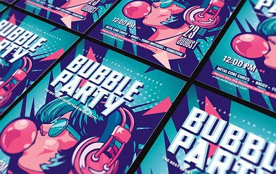 Bubble Party flyer art bubble bubblegum dance flyer girl gum headphones music party pink pop popart purple rad rave