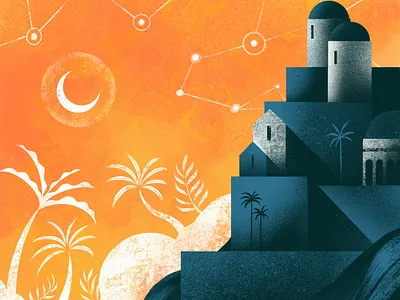Oasis City (detail) building city colour design dreamy illustration illustrator night procreate stars texture travel trees vector
