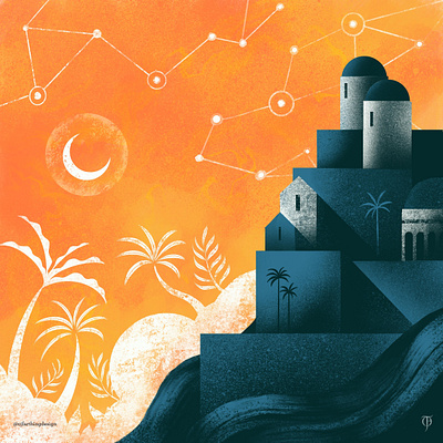 Oasis City (detail) building city colour design dreamy illustration illustrator night procreate stars texture travel trees vector