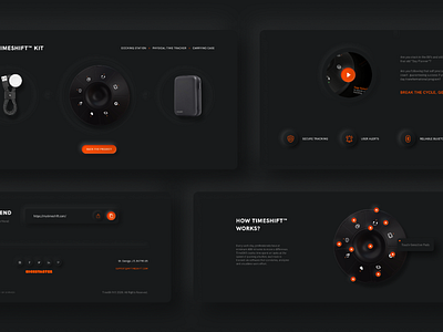 TimeShift timetracker black dark dark ui design device digital figma kickstarter landing minimal minimalism neumorphism orange shadow skeumorphic time timetracker ui ux website