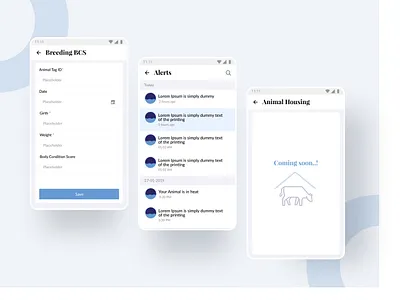 Farm 365 app BCS, Alets & Animal Housing Screens alerts animalapp animalhousing blue breeding cattlemanagmentapp farmerapp illustration illustrations uiapp ux white