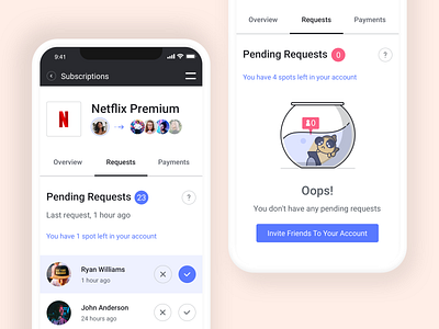 Friends Invite Management - Mobile app emptystate fish friends illustration invite management mobile pending pwa requests subscriptions ui users