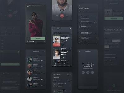 Embark.live - App Screens advice app dark entrepreneur experts mockup onboarding profile rate rating screens search theme ui ux video videoplayer videos
