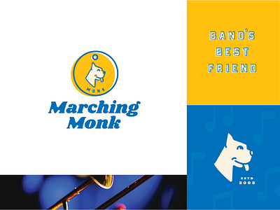 Marching Monk Brand Refresh blue boxer branding complementary dog dog tag identity logo marching monk tag leash trumpet wordmark yellow