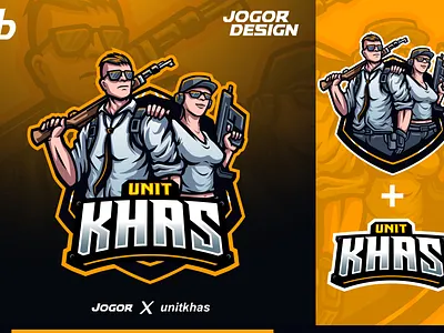 Unit khas esport logo character design esports logo gun human icon illustration jogor logo mascot pubg typogaphy vector war logo yellow