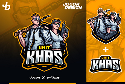 Unit khas esport logo character design esports logo gun human icon illustration jogor logo mascot pubg typogaphy vector war logo yellow