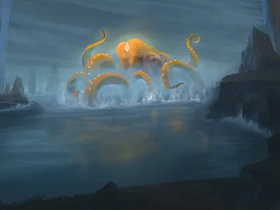 Sentinel of the Lazarian Sea coast creature design fantasy kartar kraken landscape octopus orange painting rocks sea sentinel water worldbuilding yellow
