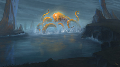 Sentinel of the Lazarian Sea coast creature design fantasy kartar kraken landscape octopus orange painting rocks sea sentinel water worldbuilding yellow