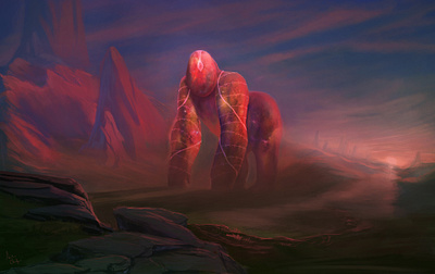 Sentinel of the Wrathlands animal creature design epic fantasy giant gorilla kartar landscape painting red sentinel serenity whimsical worldbuilding