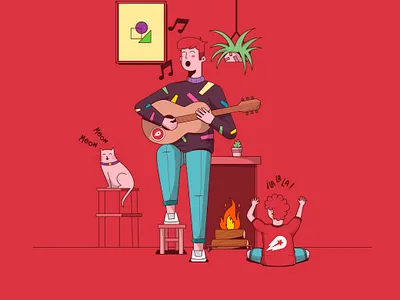 Music during the coronavirus cat covid covid 19 delivery geometry guitar illustraion illustrator music plants red siblings vector